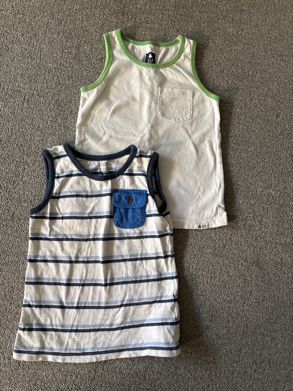 GAP Old Navy Boys Tank Top 2-Pack - White with Green Trim & Navy Striped 5T